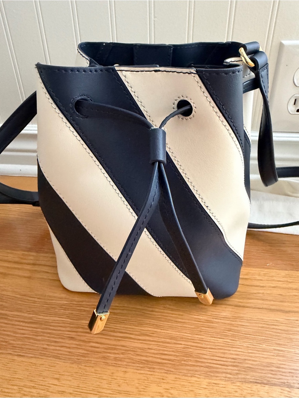 Lauren Ralph Lauren Black and Cream Diagonal Stripe Drawstring Crossbody